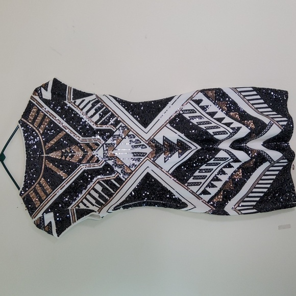 Express Geometric Sequin Boddycon Dress White/Black/Gold Size SP - Picture 5 of 8